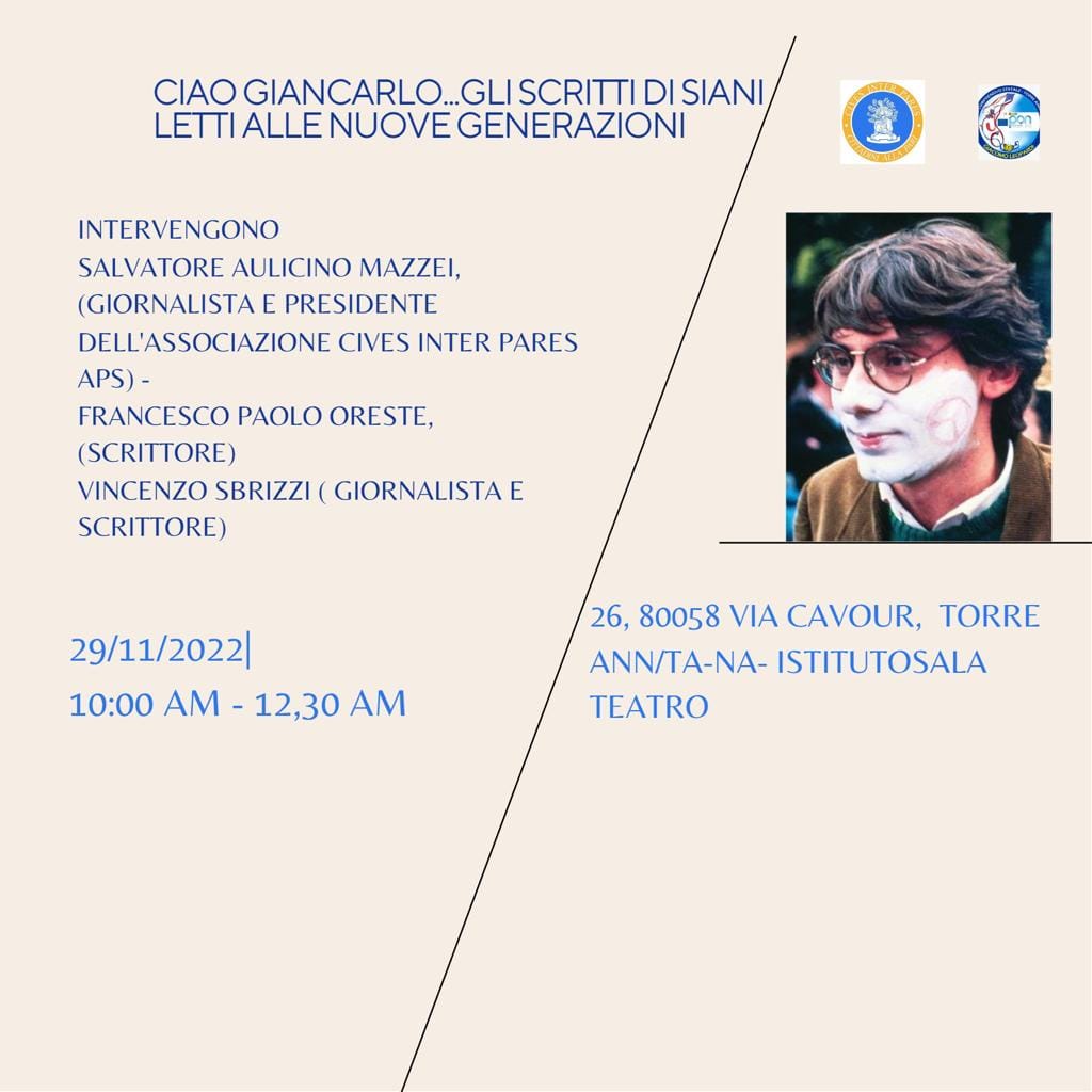 Evento dedicato a Giancarlo Siani nel quale abbiamo, insieme a Vincenzo Sbrizzi e Francesco Paolo Oreste, raccontato la storia di Giancarlo attraverso i suoi scritti giornalistici.